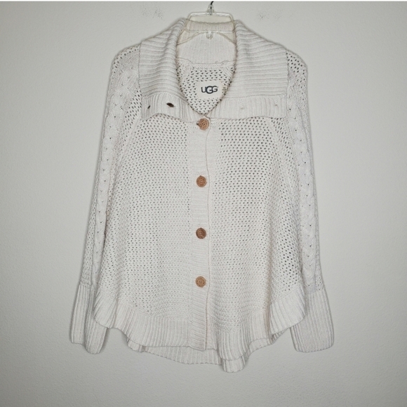 UGG Maribeth White Button Front Ribbed Cable Knit Wool Cape Cardigan Sweater - Picture 6 of 12